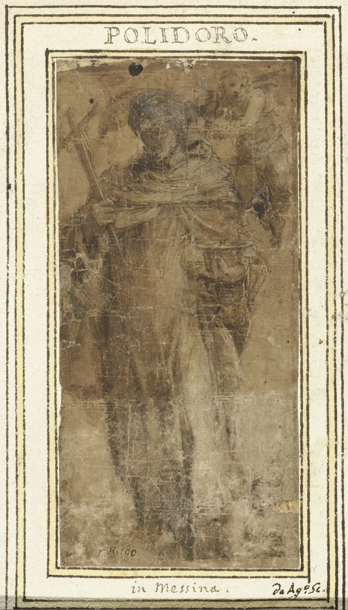 Staande heilige (Angelo Carmelitano?) met crucifix by Polidoro da Caravaggio, drawing, 1502-1543