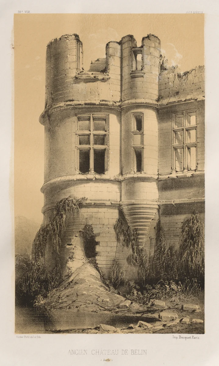 Architecture Pittoresque ou Monuments des XVeme. Et XVIeme. Siecles: Chateaux de France des XV et XVI Siecles: Pl. 99, Ancien Château de Belin (Sarthe) by Victor Petit, print, 1860