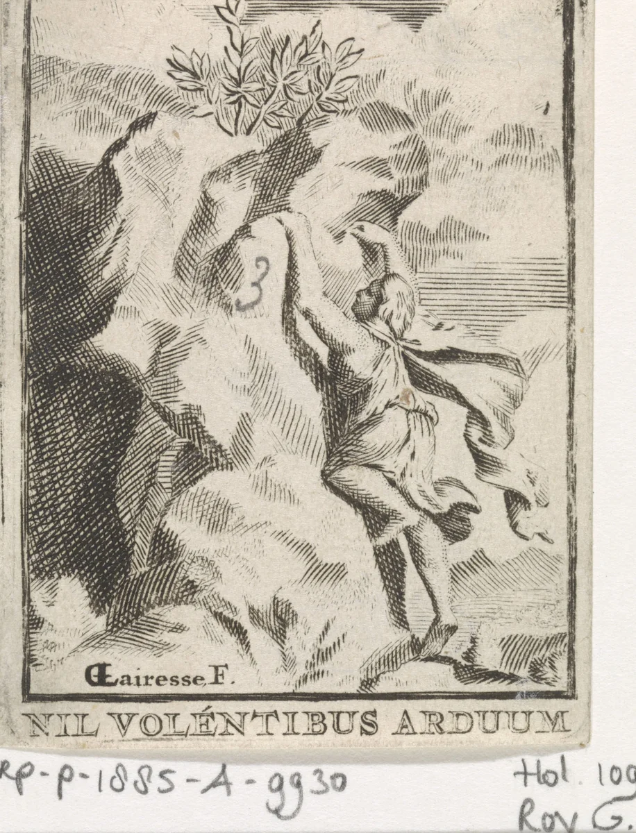 Jongeman beklimt een rots by anonymous, print, 1675-1761