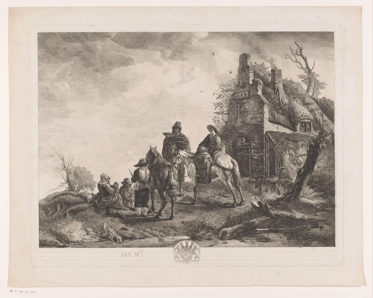 Marskramers voor een huis by Jean Moyreau, print, 1733-1762
