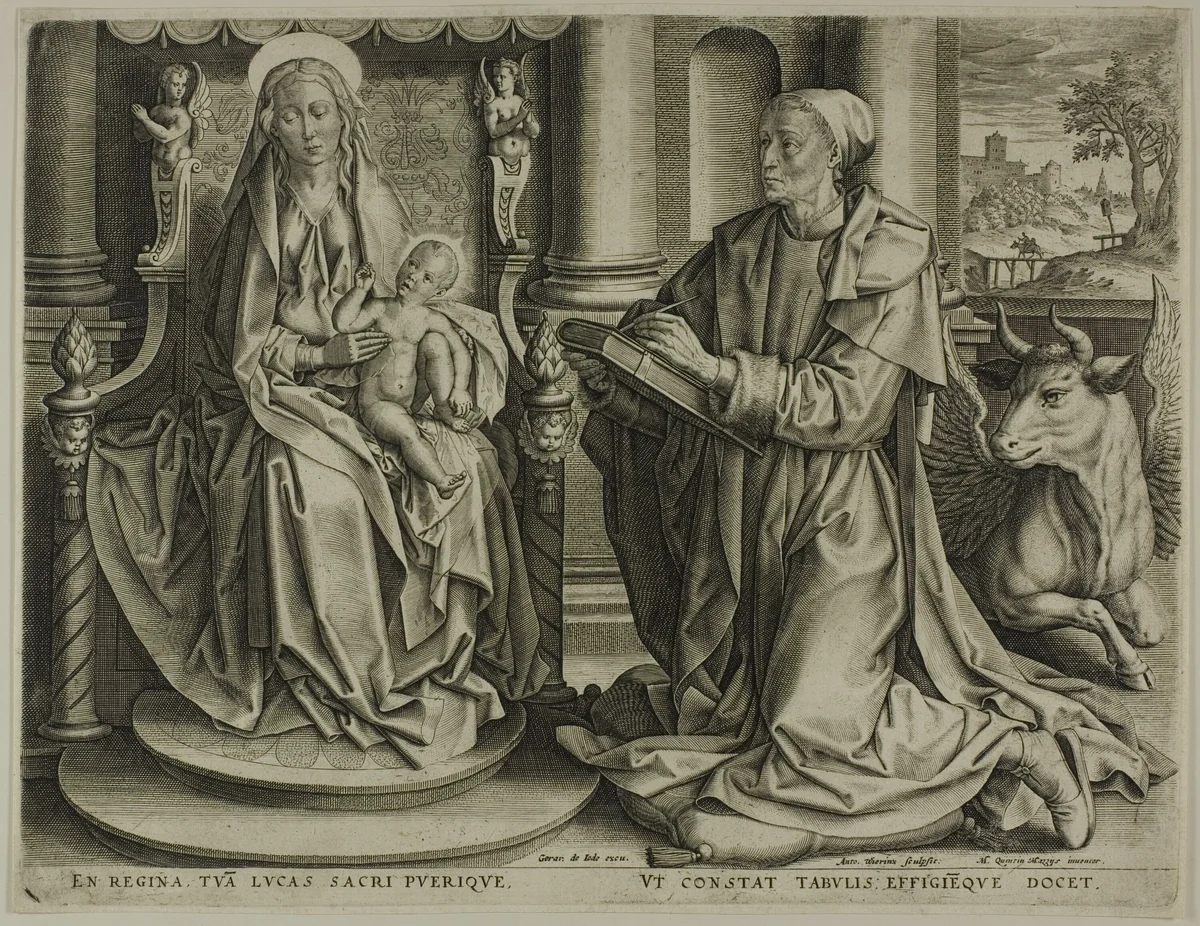 Saint Luke Painting the Virgin by Anton Wierix II, print, 1580-1590
