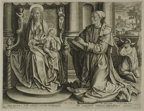 Saint Luke Painting the Virgin by Anton Wierix II, print, 1580-1590