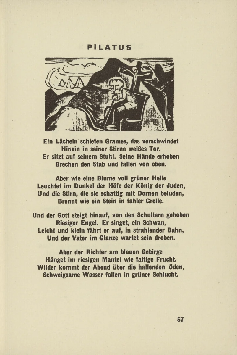 Pilate (Pilatus) (headpiece, page 57) from Umbra vitae (Shadow of Life) by Ernst Ludwig Kirchner, illustrated book, 1924