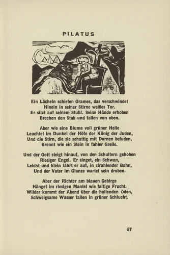 Pilate (Pilatus) (headpiece, page 57) from Umbra vitae (Shadow of Life) by Ernst Ludwig Kirchner, illustrated book, 1924