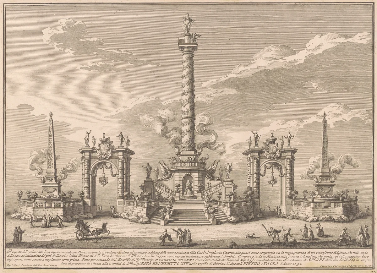 The Prima Macchina for the Chinea of 1752: A "Deliziosa" Alluding to Villa Carl'Amalia in Caserta by Giuseppe Vasi, print, 1752