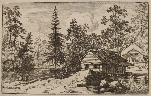 Woman in a Riverscape Looking towards a Boat by Allart van Everdingen, print, 1645-1656