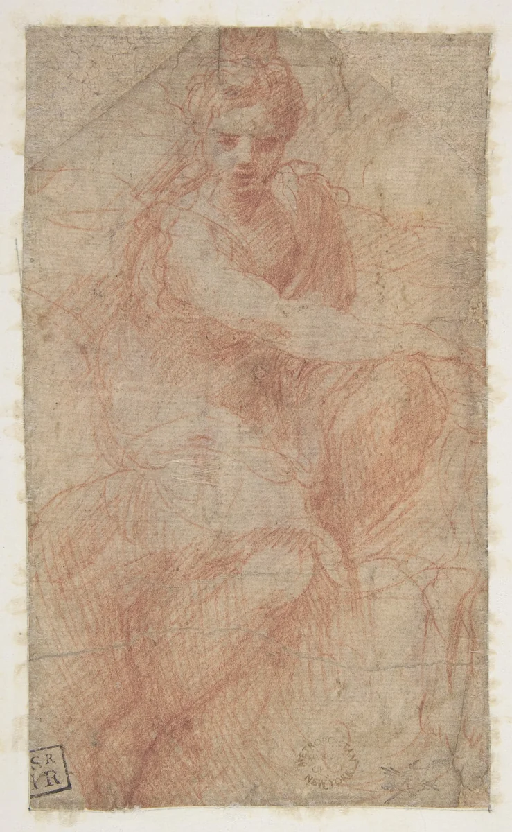 Seated Goddess Diana (recto); Studies of a Nude Male Torso Seen from the Rear, and a leg (verso) by Parmigianino, drawing, 1517-1527