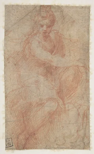 Seated Goddess Diana (recto); Studies of a Nude Male Torso Seen from the Rear, and a leg (verso) by Parmigianino, drawing, 1517-1527