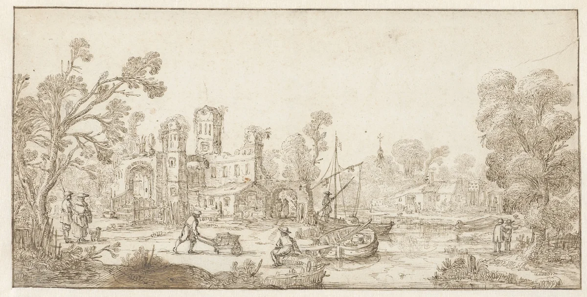 Landschap met ruïne by Jan van de Velde, drawing, 1603-1641