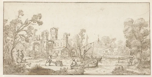 Landschap met ruïne by Jan van de Velde, drawing, 1603-1641