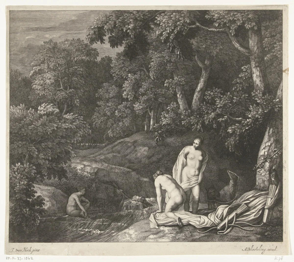 Diana en haar nimfen, badend in een rivier by Abraham Bloteling, print, 1655-1690