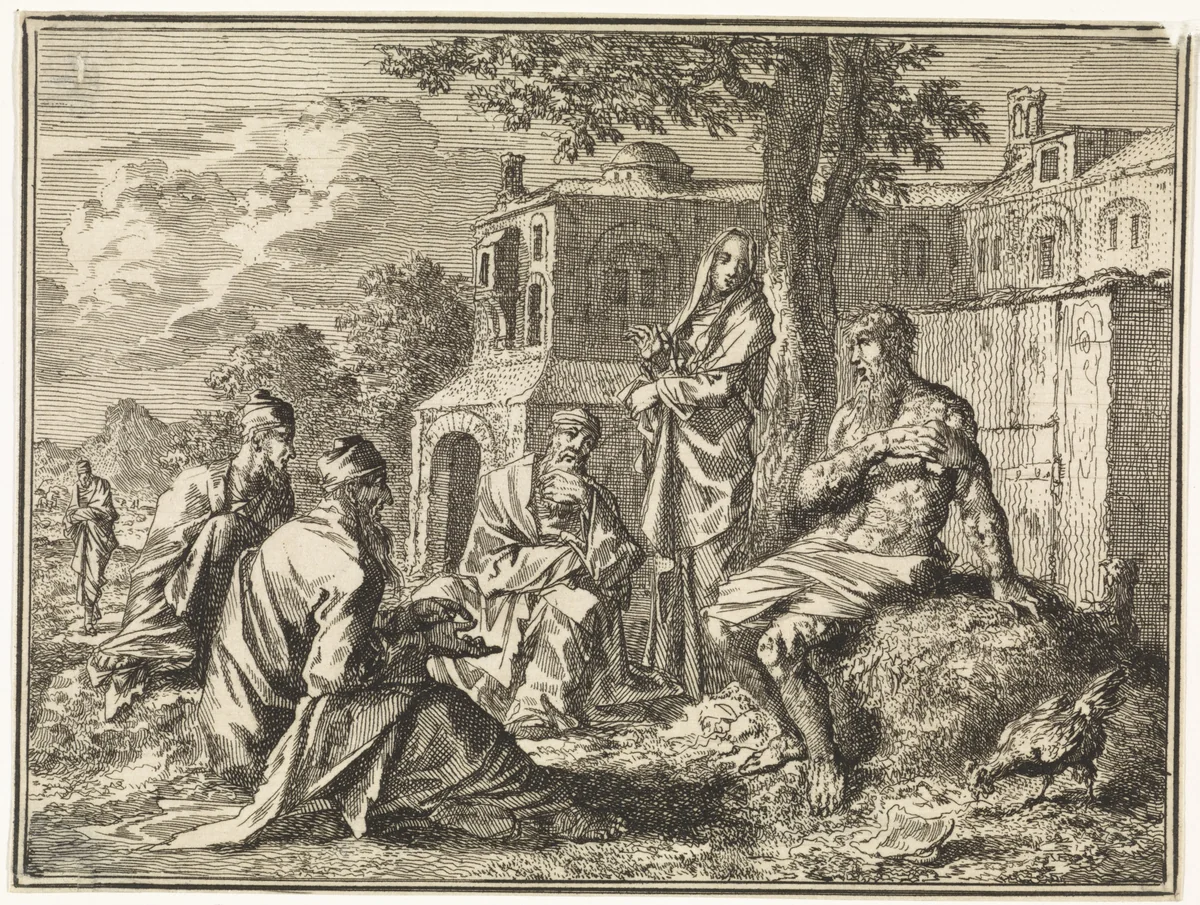 Job op de mesthoop, omgeven door zijn vrouw en vrienden by Jan Luyken, print, 1712