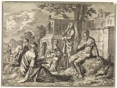 Job op de mesthoop, omgeven door zijn vrouw en vrienden by Jan Luyken, print, 1712