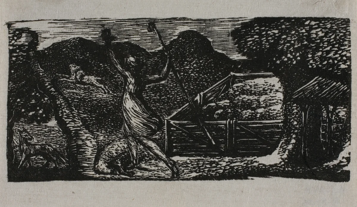 Shepherd Chases Away Wolf, from The Pastorals of Virgil by William Blake, print, 1821