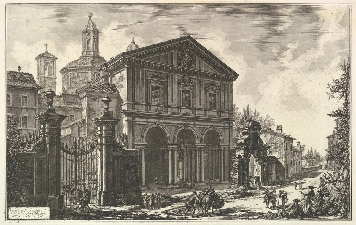 View of the Basilica of San Sebastiano fuori delle mura [St. Sebastian outside the Walls] on the Appian Way, from Vedute di Roma (Roman Views) by Giovanni Battista Piranesi, print, 1745-1755