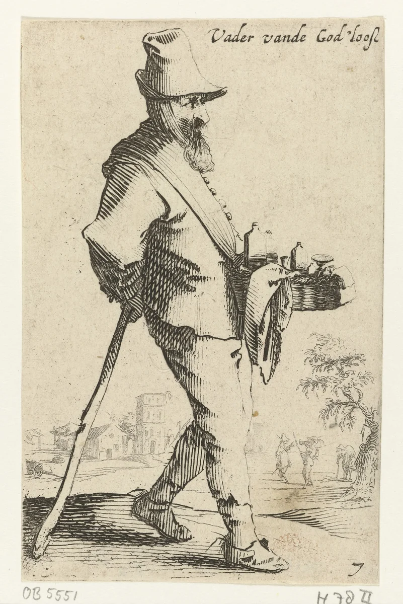 Marskramer leunend op een stok by Salomon Savery, print, 1630-1665