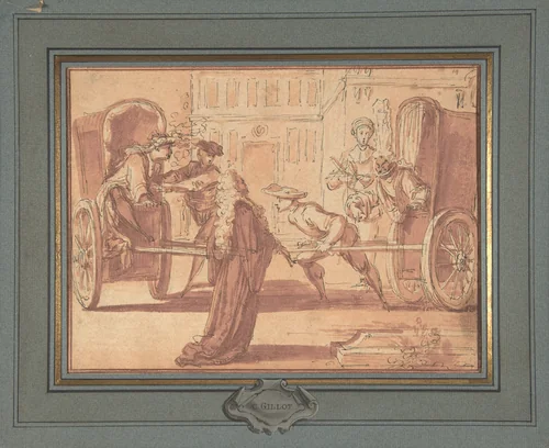La scène des deux carrosses by Claude Gillot, drawing, 1707-1721
