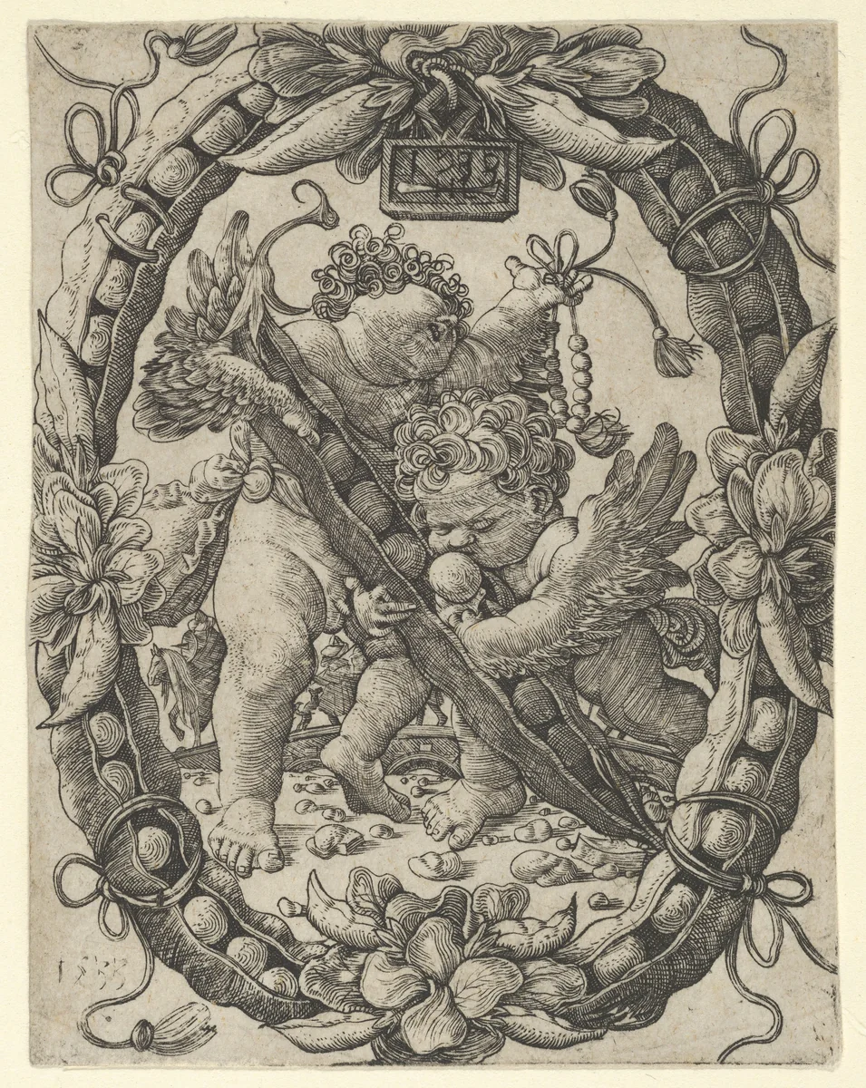 Two Angels with a Peapod by Master HL, print, 1533
