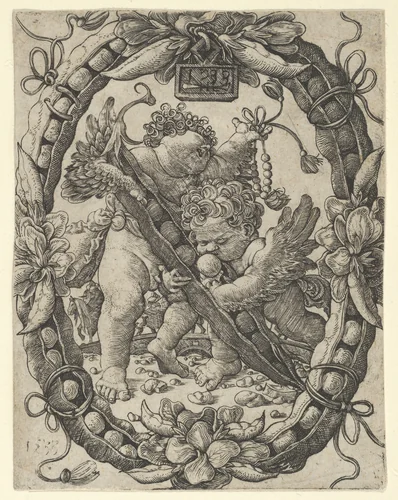 Two Angels with a Peapod by Master HL, print, 1533