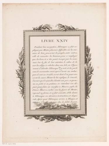 Omkaderde Franse tekst met olijftakken en slapende figuren by Jean-Baptiste Tilliard, print, 1785