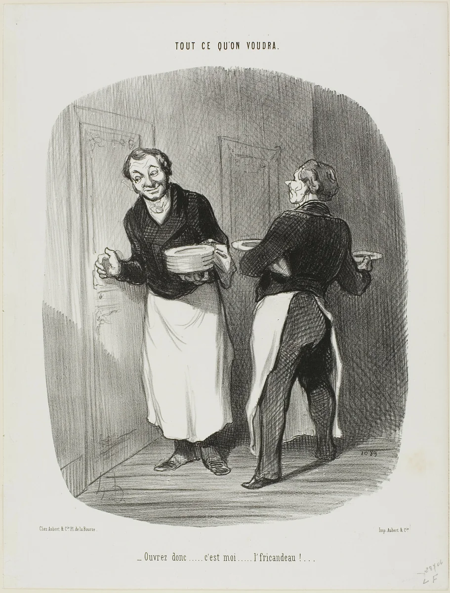 “- Open up..... it's me.... the veal-stew!,” plate 17 from Tout Ce Qu'on Voudra by Honoré-Victorin Daumier, print, 1847
