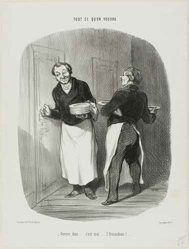 “- Open up..... it's me.... the veal-stew!,” plate 17 from Tout Ce Qu'on Voudra by Honoré-Victorin Daumier, print, 1847