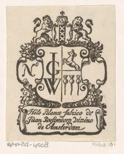 Handelsetiket van Jan Westerhoven te Amsterdam by Isaac Vincentsz. van der Vinne, print, 1681-1740