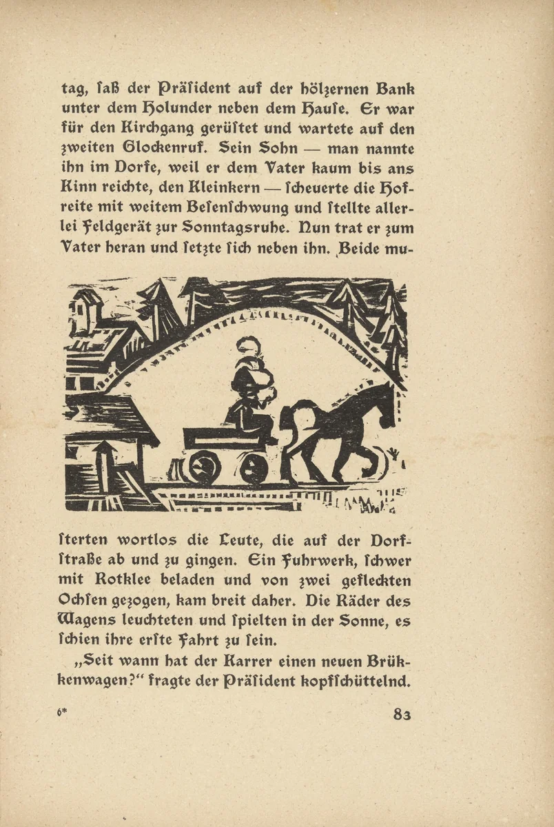 Downfall: The Horse Cart (Niedergang: Pferdefuhrwerk) (in-text plate, page 83) from Neben der Heerstrasse (Off the Main Road) by Ernst Ludwig Kirchner, illustrated book, 1923
