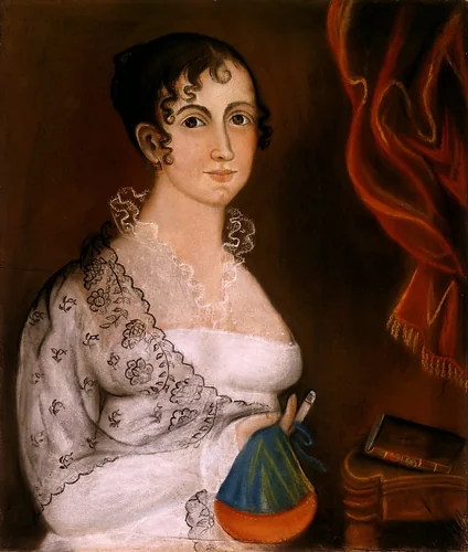 Lady with Red and Blue Sewing Bag by American 19th Century, drawing, 1815