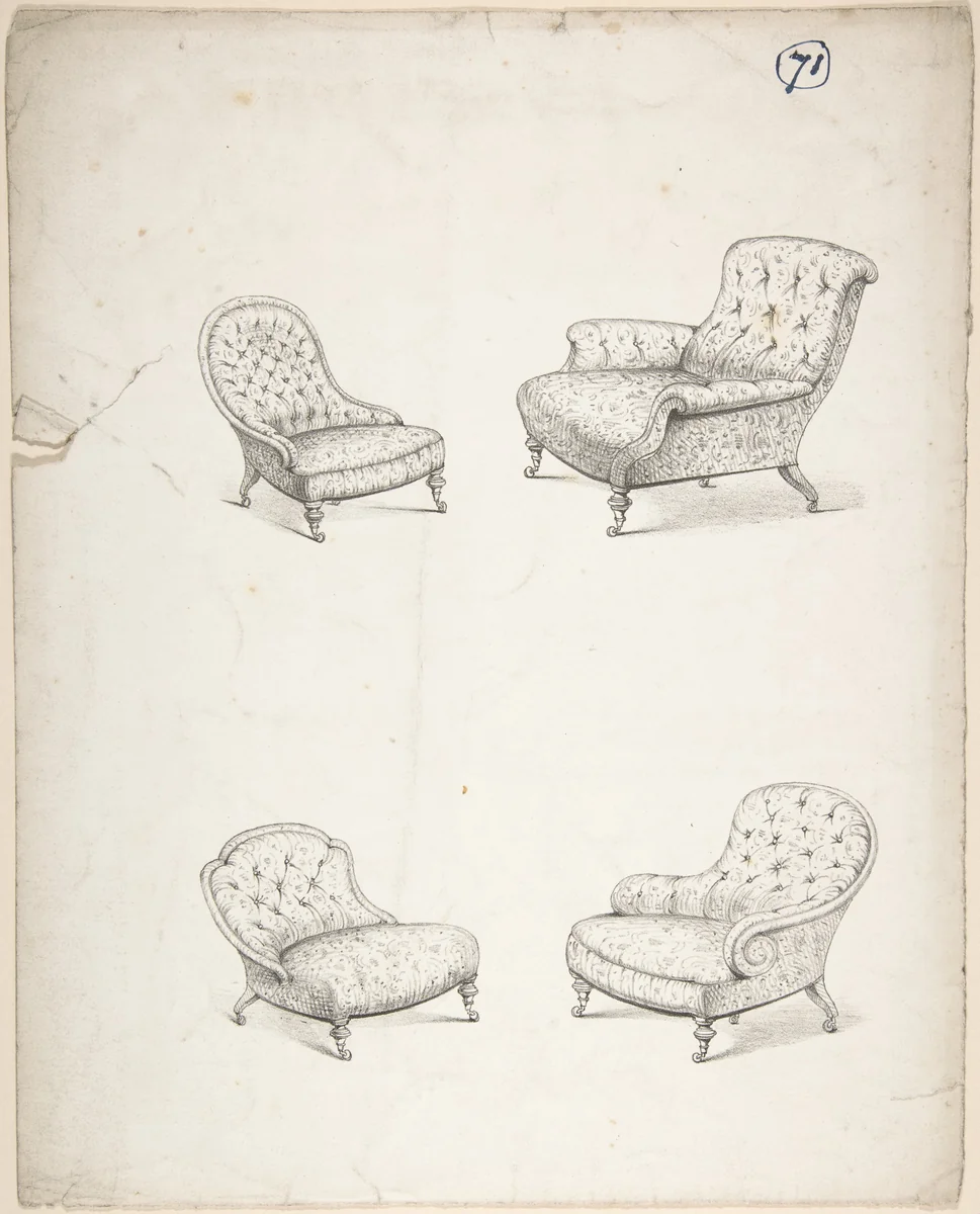 Designs for Four Upholstered Chairs by Charles Hindley and Sons, drawing, 1841-1884