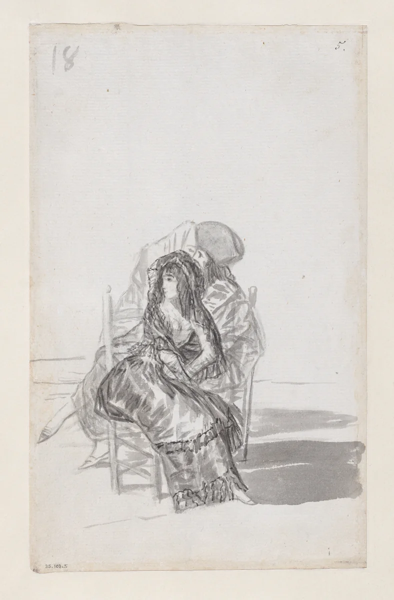 Maja seated on a chair and two companions behind; folio 18 (verso) from the Madrid Album "B" by Goya, drawing, 1795-1797