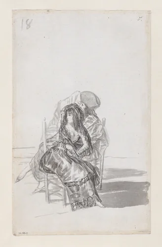 Maja seated on a chair and two companions behind; folio 18 (verso) from the Madrid Album "B" by Goya, drawing, 1795-1797