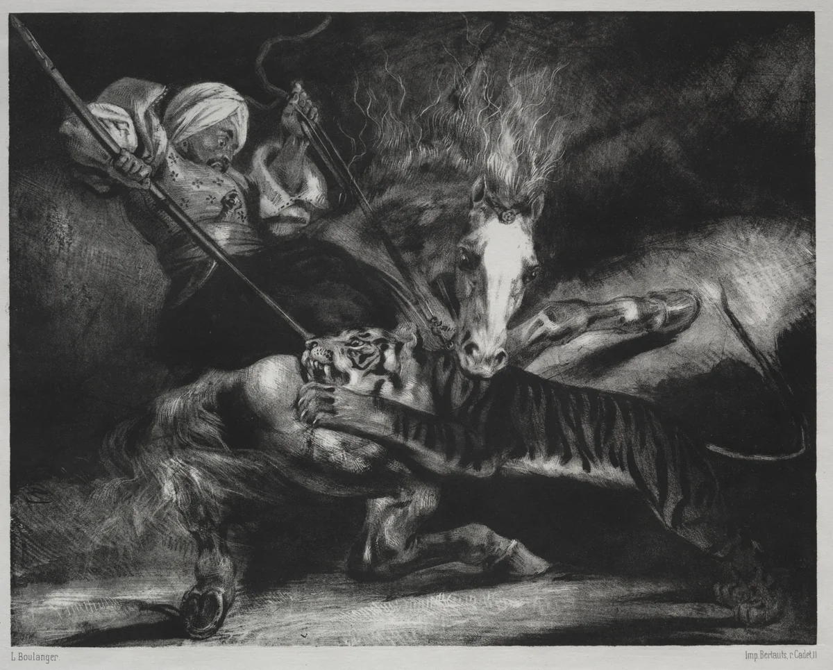 An Attack by a Tiger by Louis Candide Boulanger, print, 1830