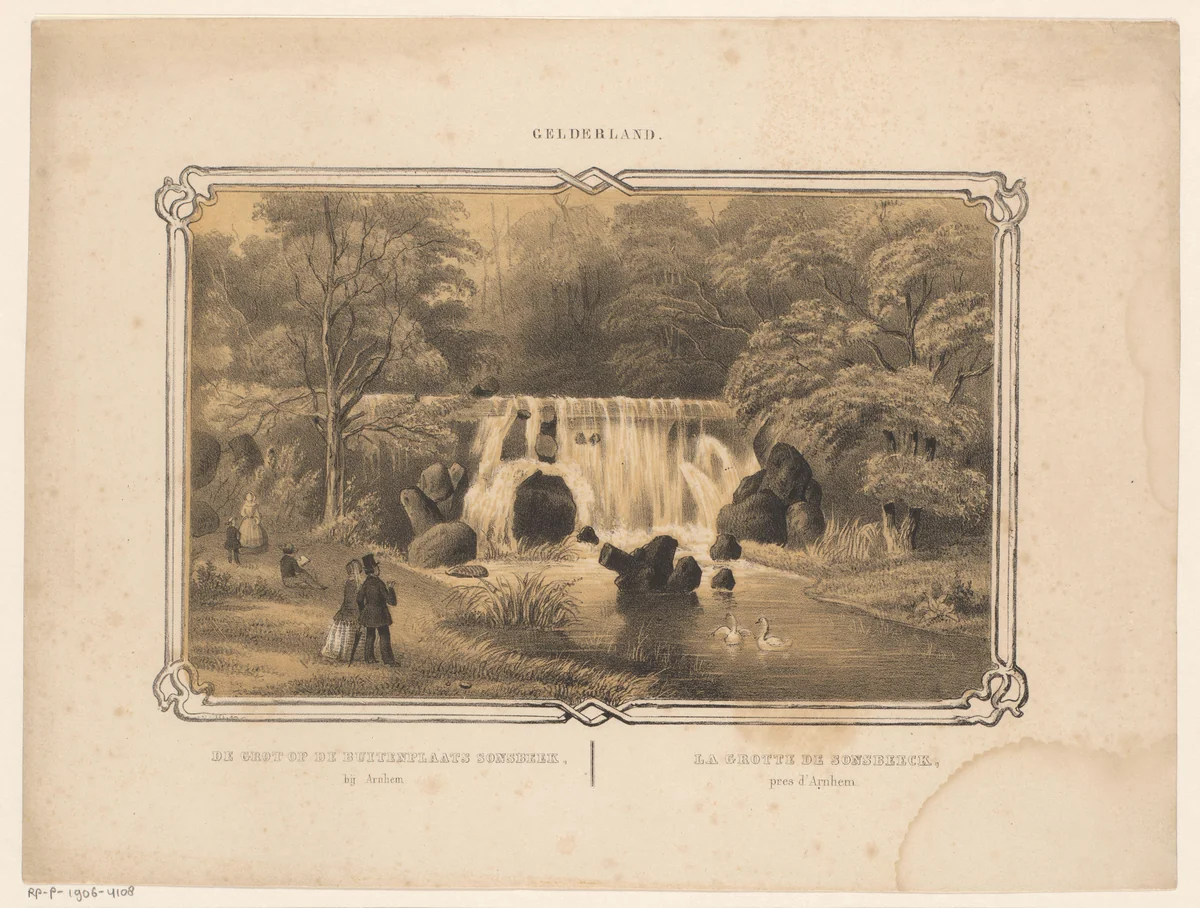 Waterval en grot bij buitenplaats Sonsbeek by Frederik Lodewijk Huygens, print, 1812-1887
