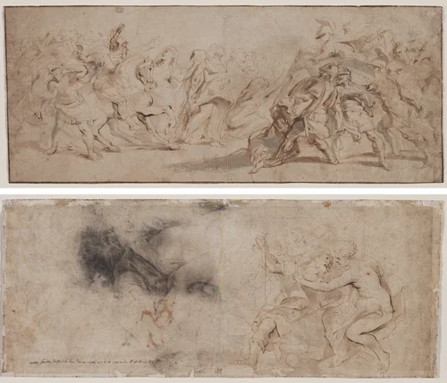 Reconciliation of the Romans and the Sabines (recto) Venus Disarming Mars, Drapery Study (verso) by Peter Paul Rubens, drawing, 1632-1635