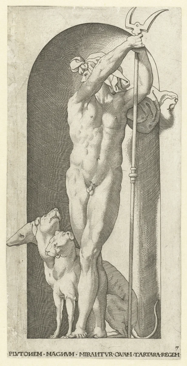 Pluto met tweetand en Cerberus by Jacob Binck, print, 1530