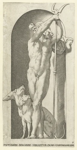 Pluto met tweetand en Cerberus by Jacob Binck, print, 1530