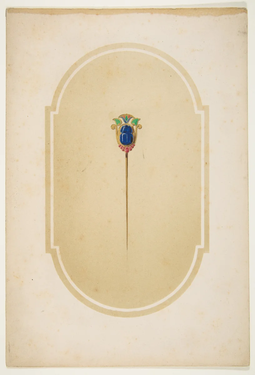 Design for a pin with a blue scarab by anonymous, drawing, 1800-1899