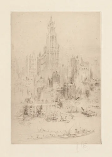 Downtown Manhattan from the East River, with the Woolworth Building by William Walcot, print, 1924