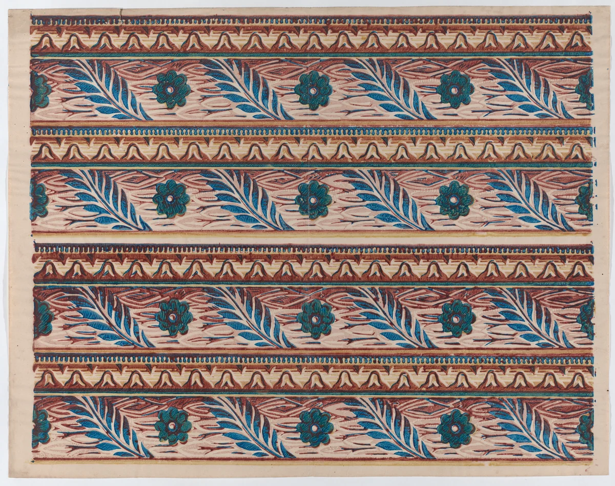 Sheet with two borders with flower and leaf designs by anonymous, print, 1775-1875