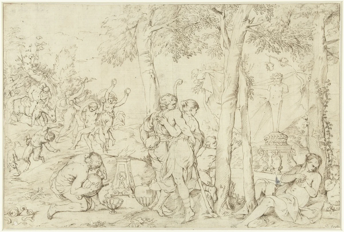 Bacchanaal met herderspaar by Pietro Testa, drawing, 1622-1650