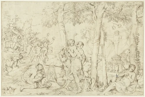 Bacchanaal met herderspaar by Pietro Testa, drawing, 1622-1650