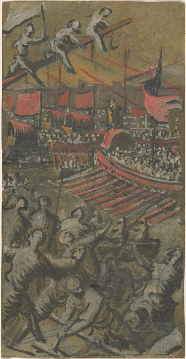 Venetian Ships Attacking Constantinople by Domenico Tintoretto, drawing, 1598-1605