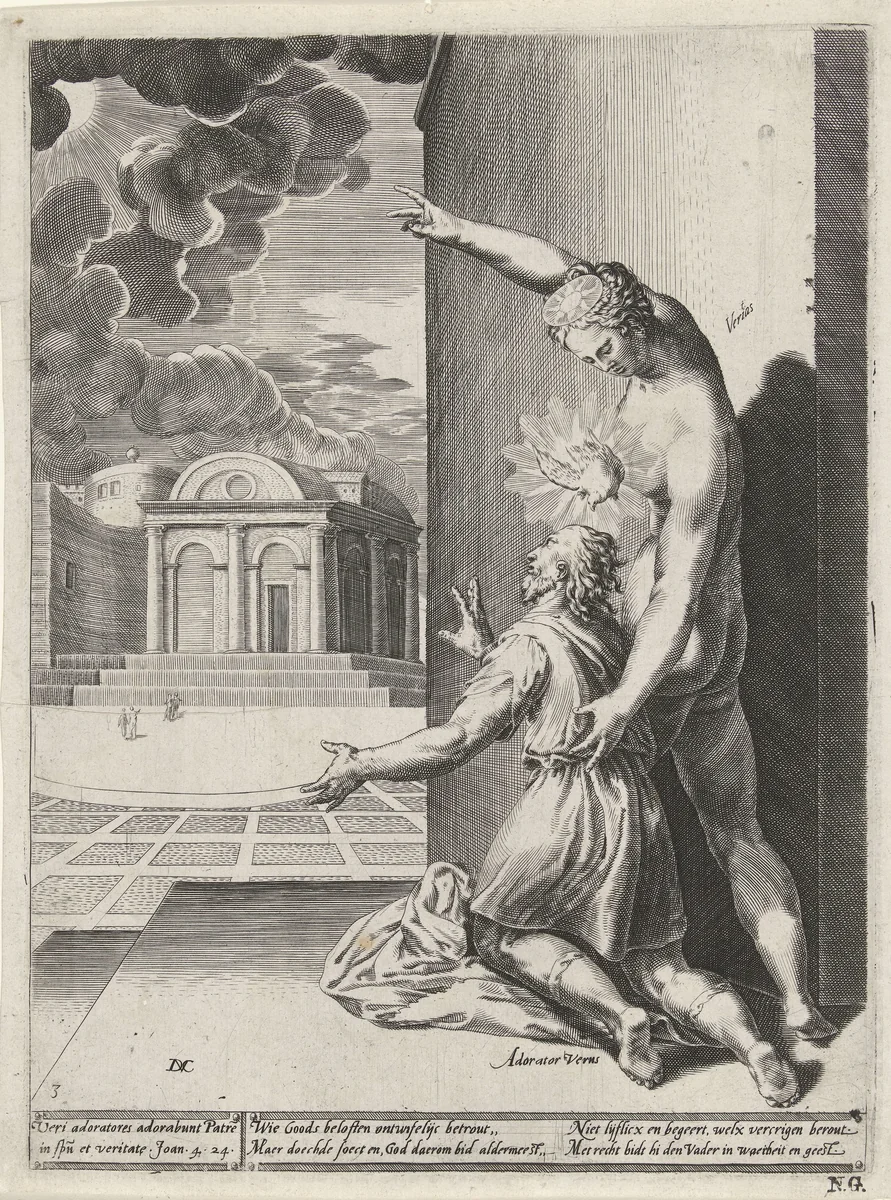 Waarheid leert de mens God aanbidden by Unknown, print, 1566-1578