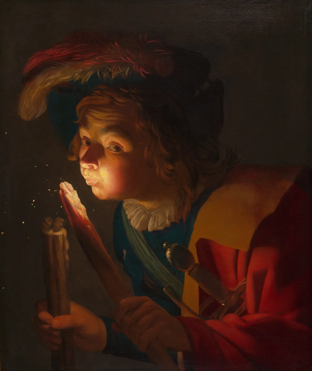 A Boy Blowing on a Firebrand by Gerrit van Honthorst, painting, 1621-1622