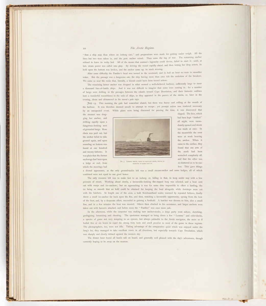 "Iceberg which, from its peculiar shape, would be selected to make fast to" by George P. Critcherson, John L. Dunmore, William Bradford, photograph, 1869