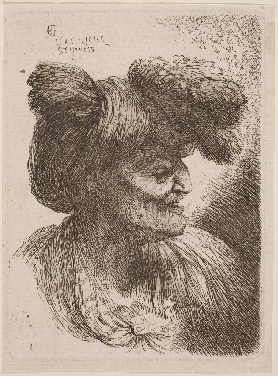Old Man Wearing a Turban Ornamented with Fur, Facing Right by Giovanni Benedetto Castiglione, print, 1640-1650