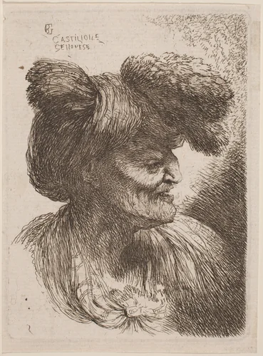 Old Man Wearing a Turban Ornamented with Fur, Facing Right by Giovanni Benedetto Castiglione, print, 1640-1650