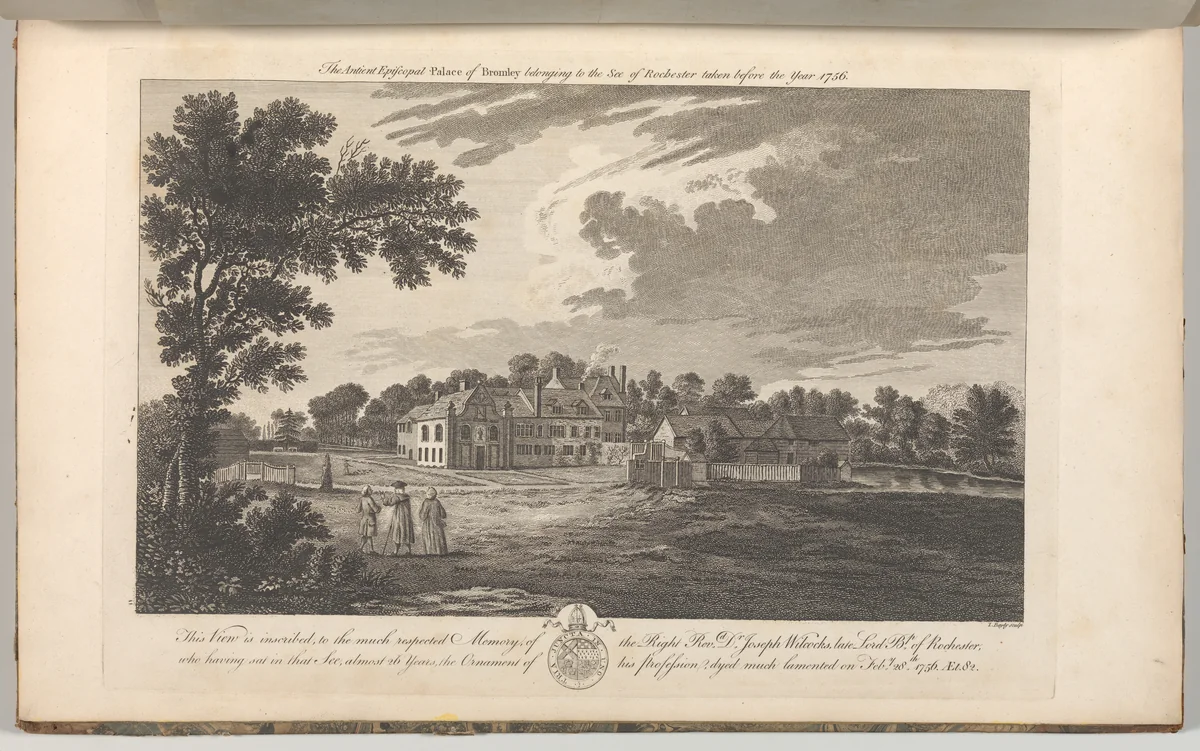 The Ancient Episcopal Palace of Bromley, belonging to the See of Rochester, taken before the year 1756, from Edward Hasted's, The History and Topographical Survey of the County of Kent, vols. 1-3 by John Bayly, book, 1777-1790