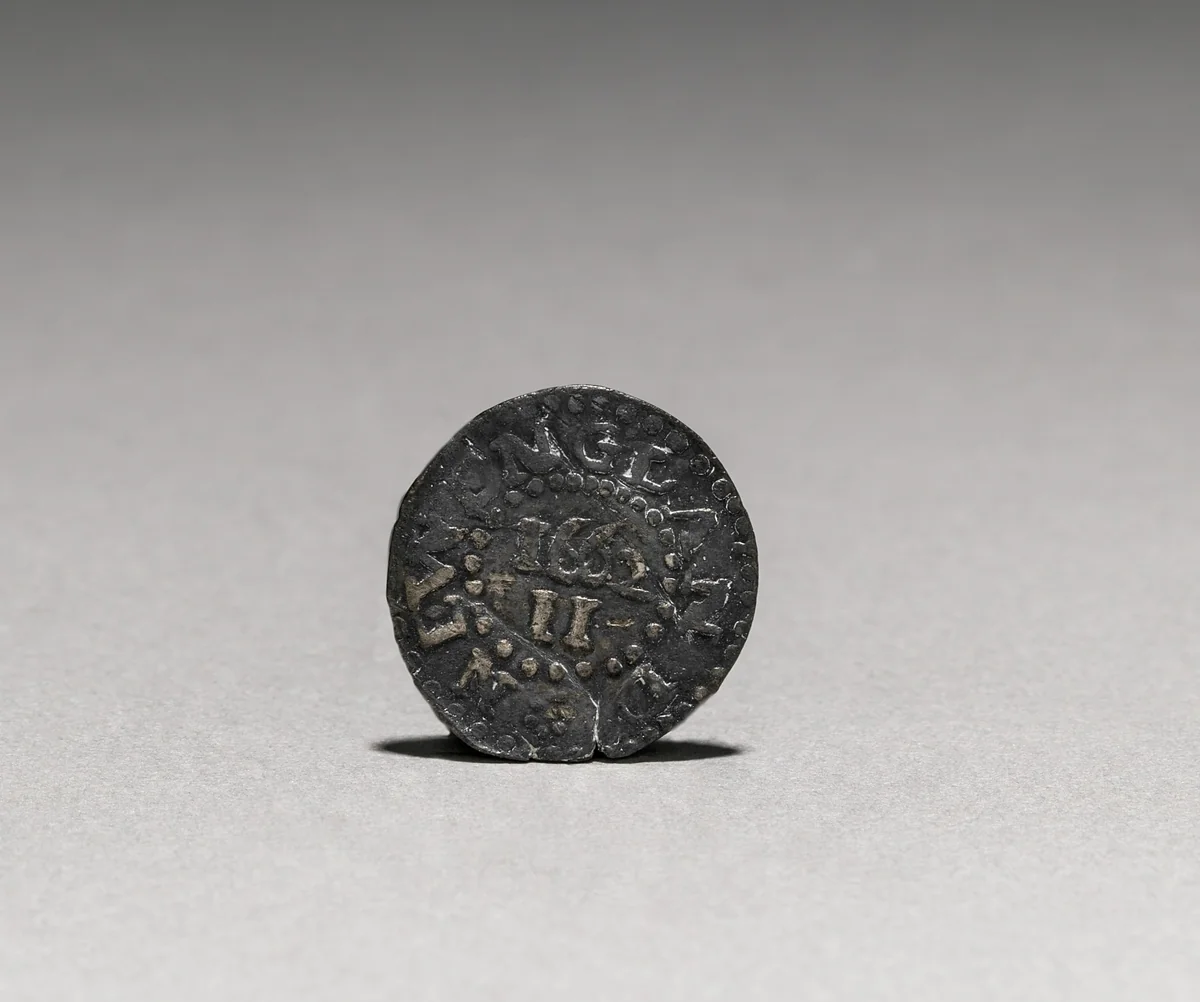 Oak Tree Two Pence (reverse) by John Hull, metalwork, 1662